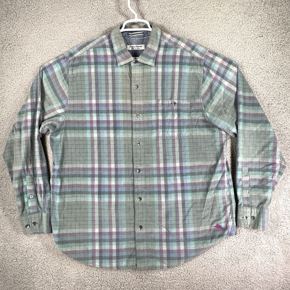 Tommy Bahama Mens Corduroy Plaid Shirt Coastline Cord Verde Green Trout XLT
